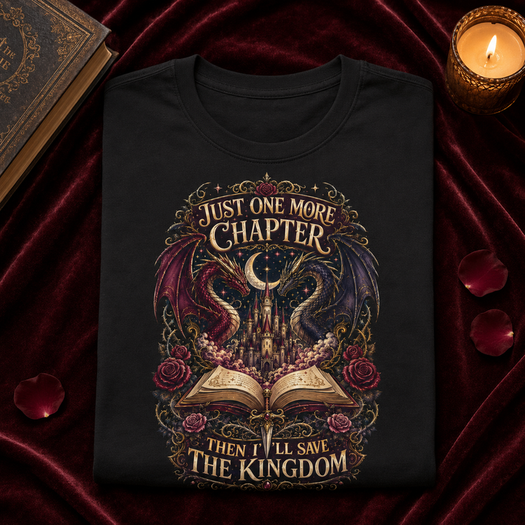 A black short-sleeve graphic T-shirt laid flat on a dark red velvet surface, surrounded by decorative props including an old book, a lit candle, and scattered rose petals. The shirt features a large fantasy-style print with a castle, open book, roses, and the text &