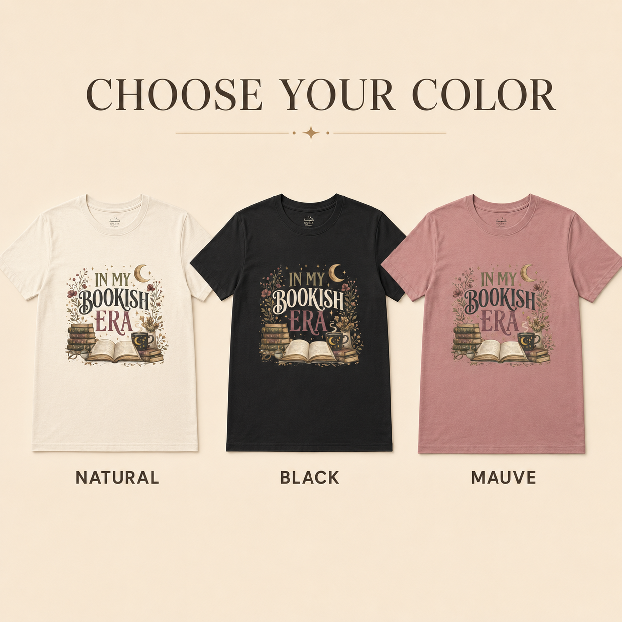 Three short-sleeve graphic T-shirts shown side by side with the text &