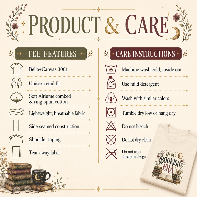 An informational product and care graphic for a Bella+Canvas 3001 t-shirt. The left side details the t-shirt&