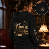 A woman wearing a black hoodie with a detailed gothic illustration on the back and a large key graphic on the sleeve, shown in a cozy library setting. An inset circle highlights the printed crest on the upper back.