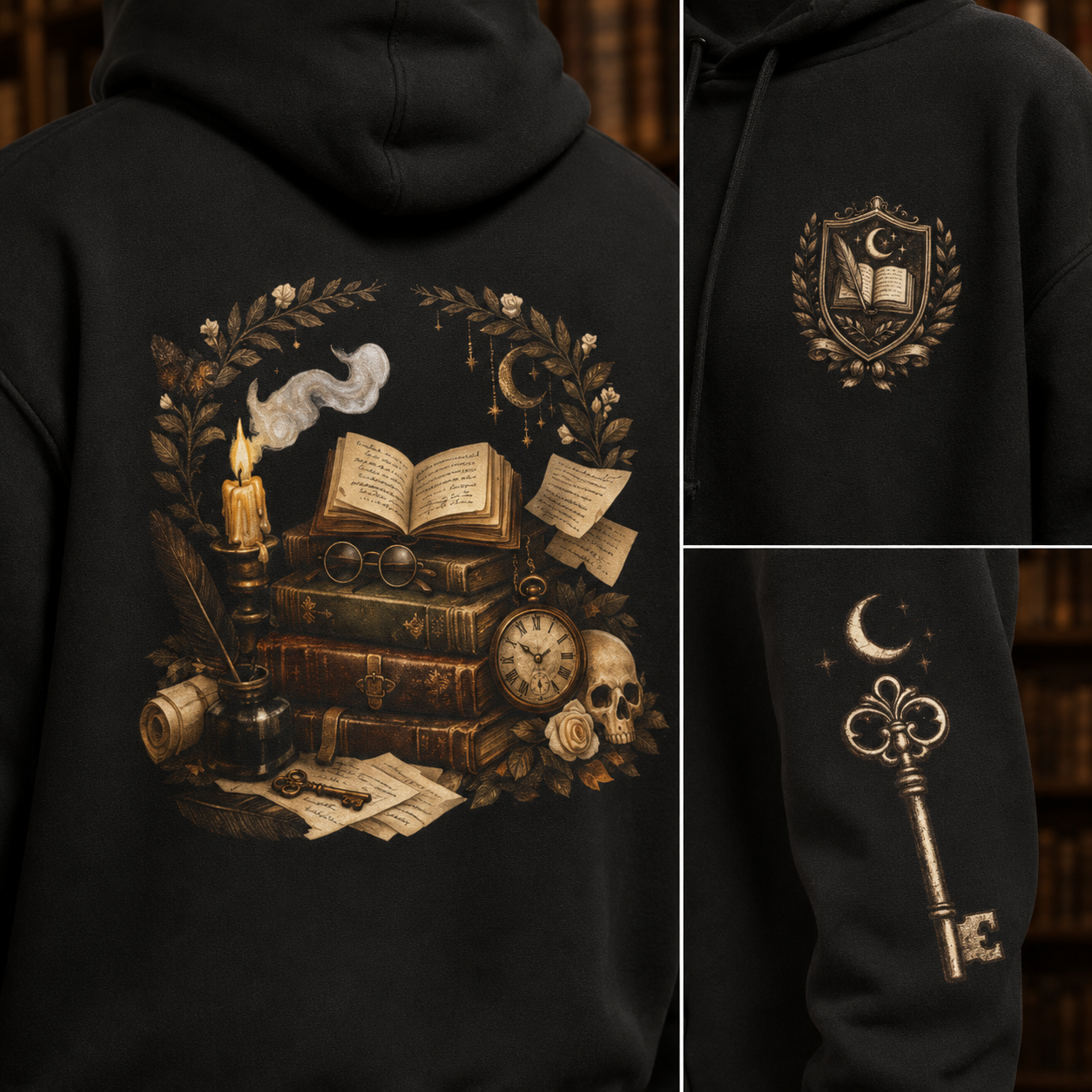 Black hoodie shown from the back and front details, featuring a large gothic-style graphic print with stacked books, an open book, candle, skull, clock, and parchment, plus a moon-and-book crest on the chest and a large key graphic on the sleeve.