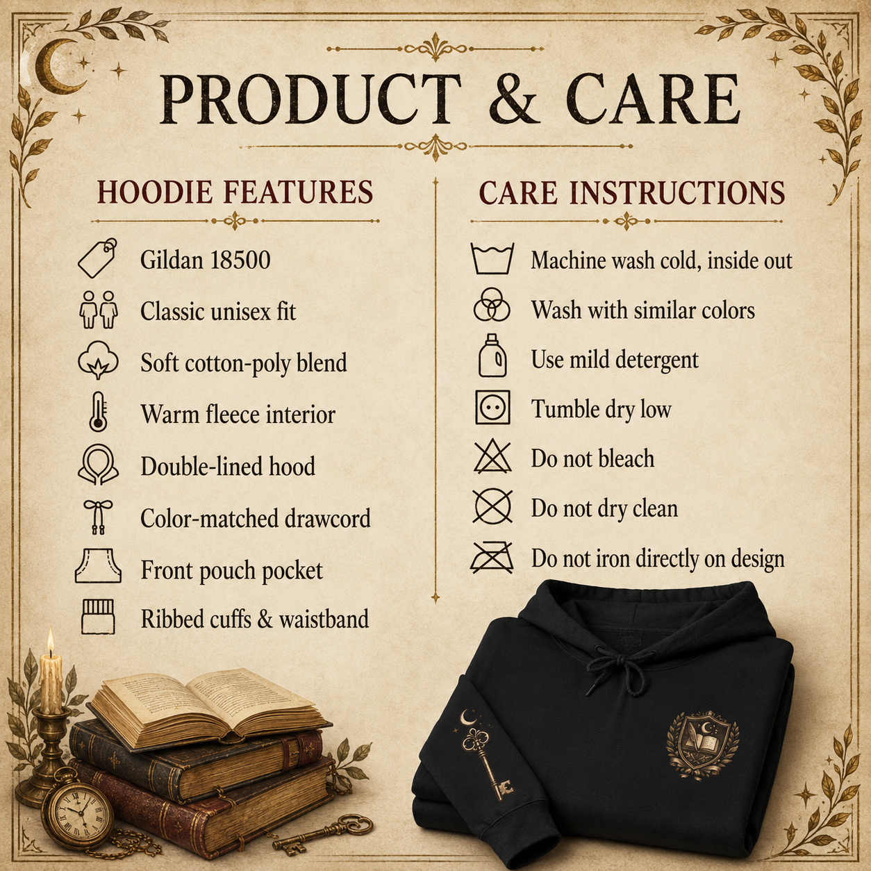 Product & Care infographic for a hooded sweatshirt. The graphic features a black hoodie with a gold crest on the chest, displayed alongside text detailing the hoodie&