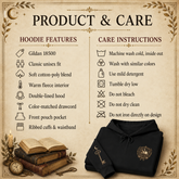 Product & Care infographic for a hooded sweatshirt. The graphic features a black hoodie with a gold crest on the chest, displayed alongside text detailing the hoodie&