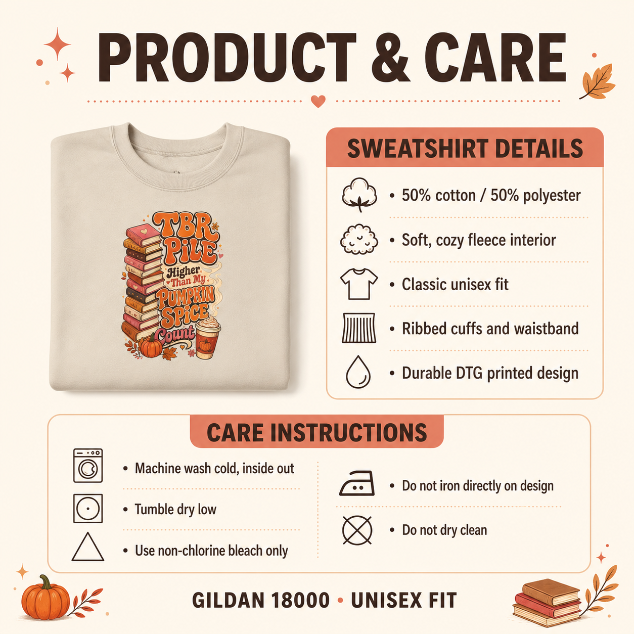 An infographic detailing the product and care instructions for a Gildan 18000 unisex sweatshirt. The graphic features a folded beige sweatshirt with a colorful autumn-themed graphic on the front, alongside text detailing the fabric composition, fit, and care instructions.