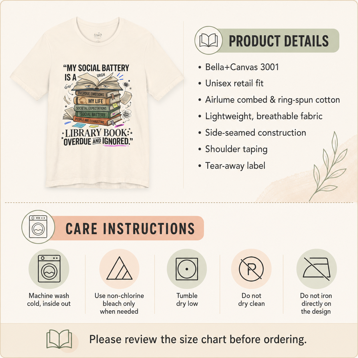 A product listing graphic for a cream-colored t-shirt featuring a graphic of stacked books with the text &