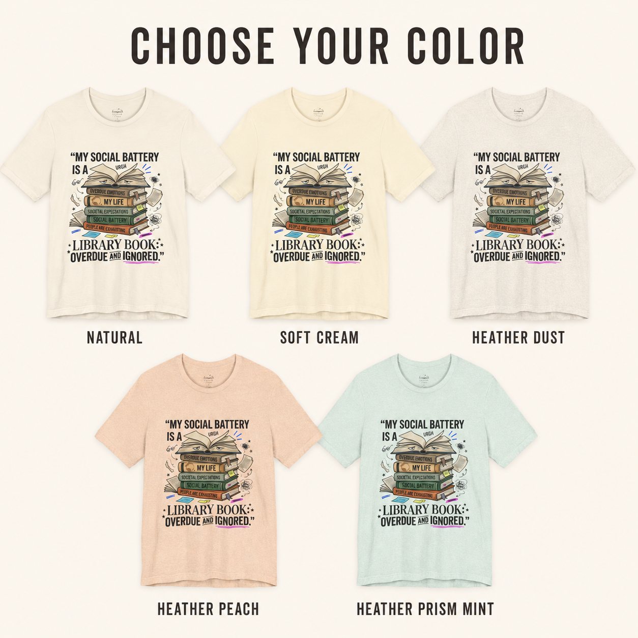 A color selection graphic for a graphic T-shirt showing five shirt color variants under the heading &