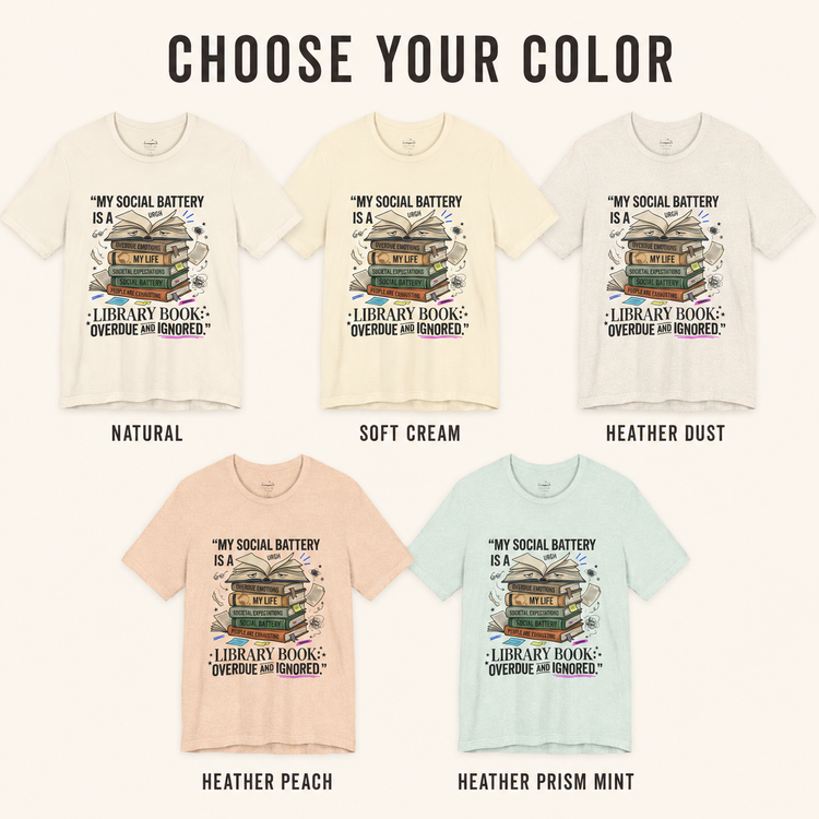 A color selection graphic for a graphic T-shirt showing five shirt color variants under the heading &