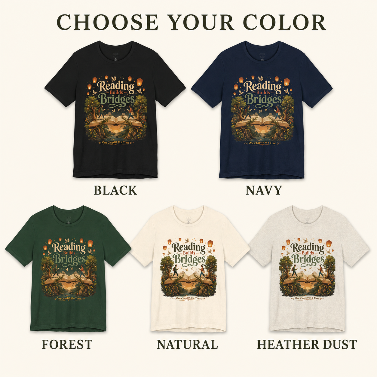 A color selection graphic for a graphic T-shirt showing five shirt color options labeled BLACK, NAVY, FOREST, NATURAL, and HEATHER DUST. The top text reads &