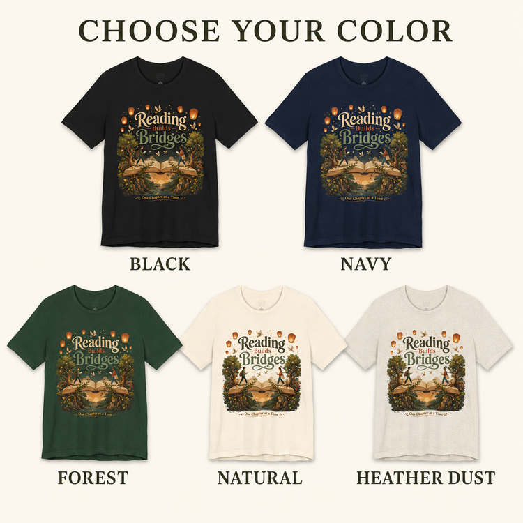 A color selection graphic for a graphic T-shirt showing five shirt color options labeled BLACK, NAVY, FOREST, NATURAL, and HEATHER DUST. The top text reads &