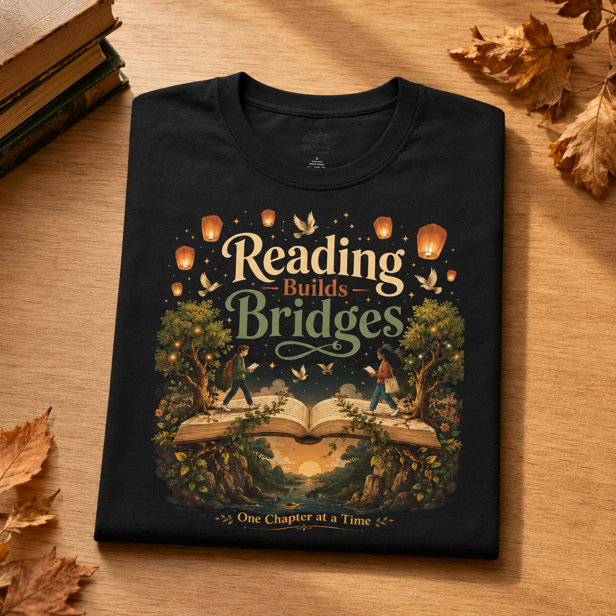 A black short-sleeve graphic T-shirt laid flat on a wooden surface, surrounded by autumn leaves and stacked books. The shirt features a large illustrated design with the phrase &