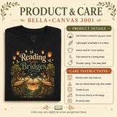 A product and care information graphic for Bella+Canvas 3001 featuring a black crewneck t-shirt with a detailed forest graphic. The graphic includes product details and care instructions on a warm beige background with decorative botanical borders.
