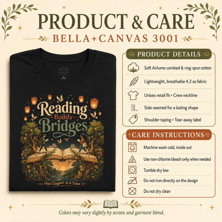 A product and care information graphic for Bella+Canvas 3001 featuring a black crewneck t-shirt with a detailed forest graphic. The graphic includes product details and care instructions on a warm beige background with decorative botanical borders.
