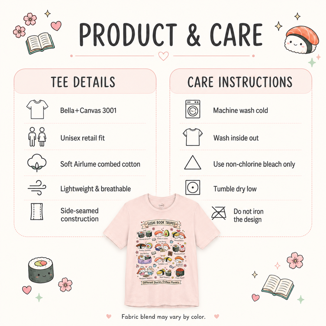 A product and care infographic for a light pink graphic T-shirt. The layout includes a central product photo of the shirt with a colorful sushi-themed print, surrounded by care instructions and fabric details on the left and right.