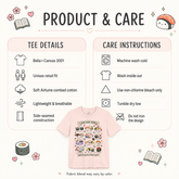 A product and care infographic for a light pink graphic T-shirt. The layout includes a central product photo of the shirt with a colorful sushi-themed print, surrounded by care instructions and fabric details on the left and right.