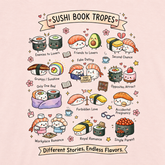 A pastel graphic print featuring cute illustrated sushi characters with labels such as &