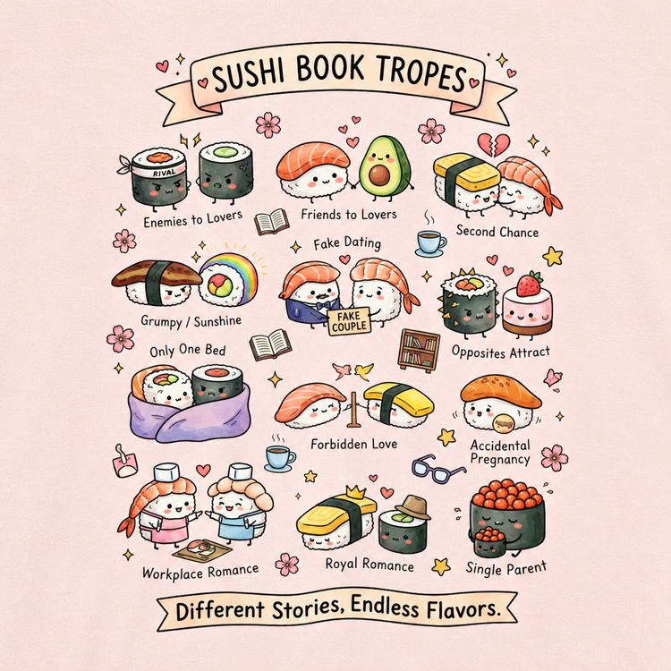 A pastel graphic print featuring cute illustrated sushi characters with labels such as &