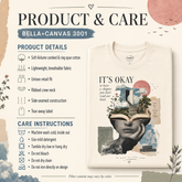 A product and care infographic for Bella+Canvas 3001 featuring a white crewneck t-shirt with a graphic print. The left side lists product details and care instructions with icons, while the right side shows the t-shirt with the graphic &