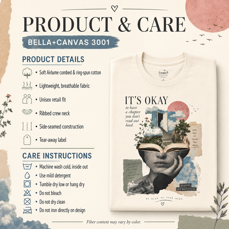 A product and care infographic for Bella+Canvas 3001 featuring a white crewneck t-shirt with a graphic print. The left side lists product details and care instructions with icons, while the right side shows the t-shirt with the graphic &