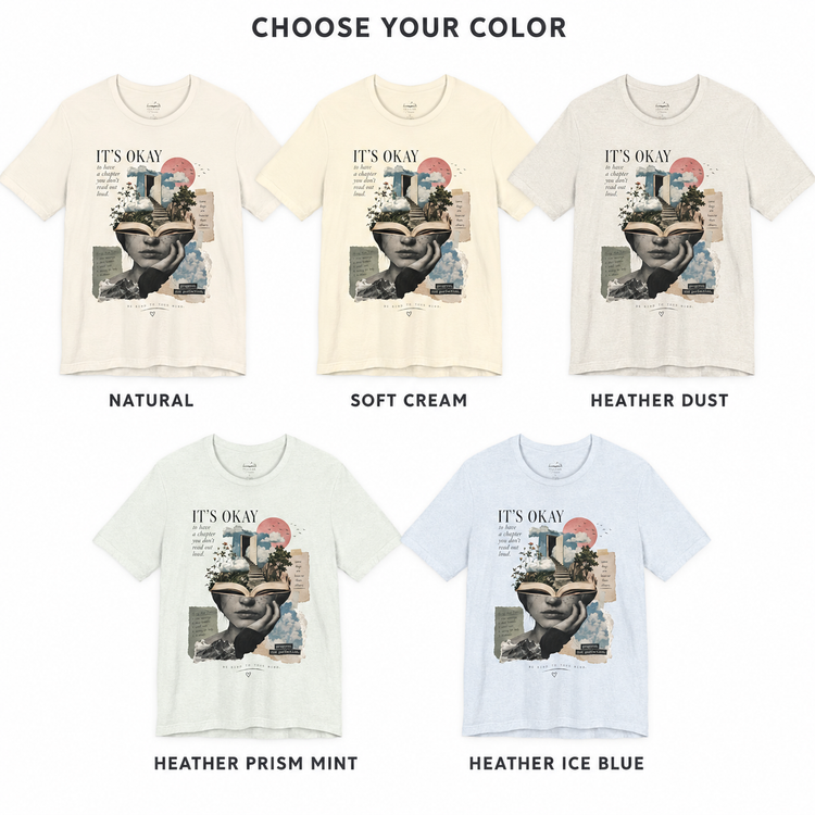 Five short-sleeve graphic T-shirts shown in different color options under the heading &