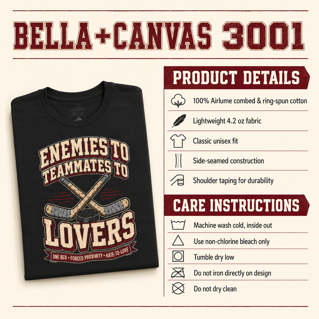 A folded black Bella+Canvas 3001 t-shirt with a hockey graphic reading &