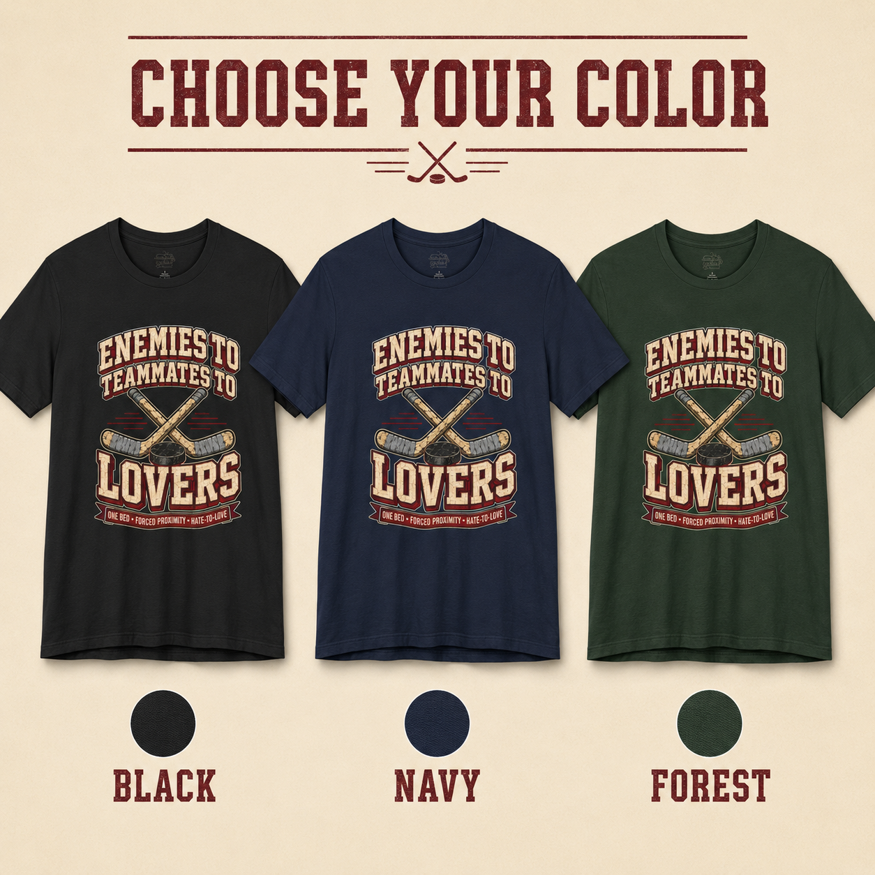 Three graphic T-shirts shown side by side in black, navy, and forest green, with a large text header reading &