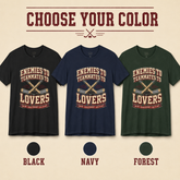 Three graphic T-shirts shown side by side in black, navy, and forest green, with a large text header reading &