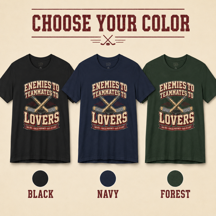 Three graphic T-shirts shown side by side in black, navy, and forest green, with a large text header reading &