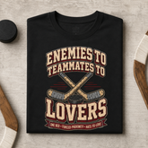 A black short-sleeve t-shirt with a vintage-style hockey graphic that reads &