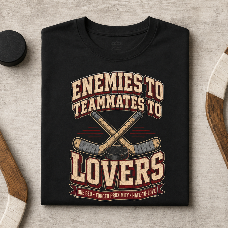 A black short-sleeve t-shirt with a vintage-style hockey graphic that reads &