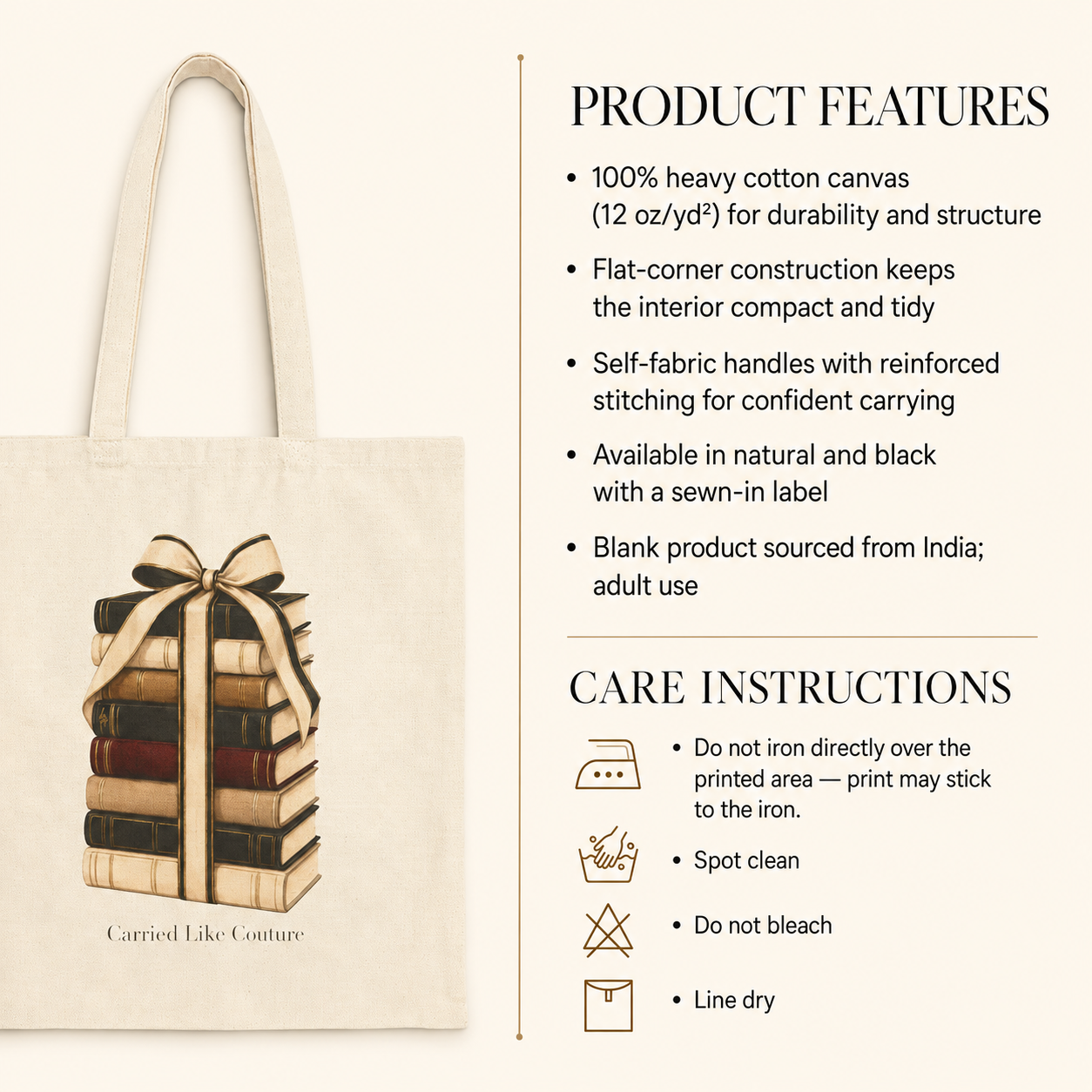 A canvas tote bag with a printed stack of books tied with a ribbon graphic, shown next to printed product features and care instructions on a light beige background. The tote bag has natural canvas handles and the text &