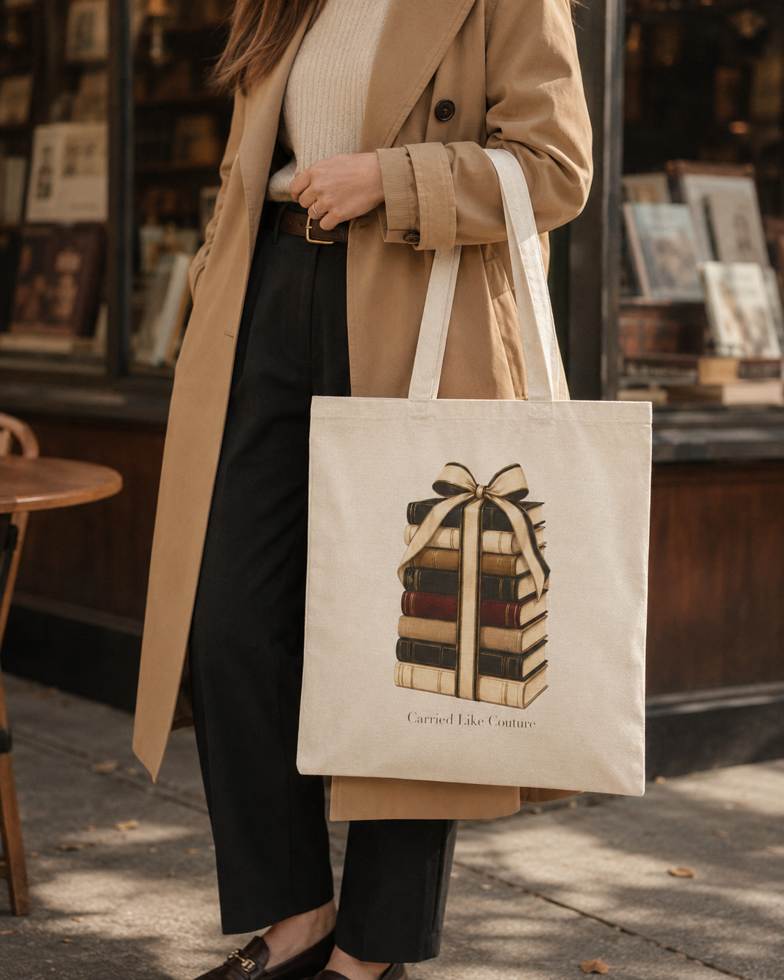 A person wearing a beige trench coat and black pants carries a cream canvas tote bag with a graphic of stacked books tied with a ribbon and the text &