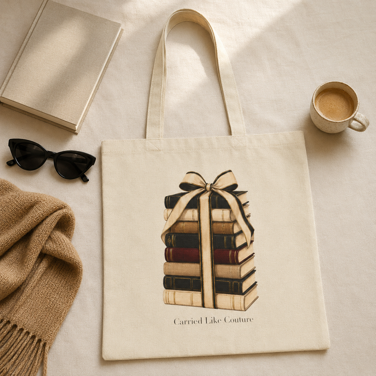 A cream canvas tote bag with a graphic of a book stack tied with a ribbon, styled on a beige fabric surface with a book, sunglasses, a cup of coffee, and a scarf.