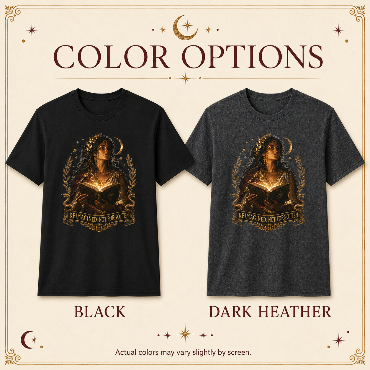 Color options graphic showing two short-sleeve graphic T-shirts side by side on a cream decorative background. The left shirt is labeled BLACK and the right shirt is labeled DARK HEATHER.