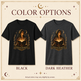 Color options graphic showing two short-sleeve graphic T-shirts side by side on a cream decorative background. The left shirt is labeled BLACK and the right shirt is labeled DARK HEATHER.