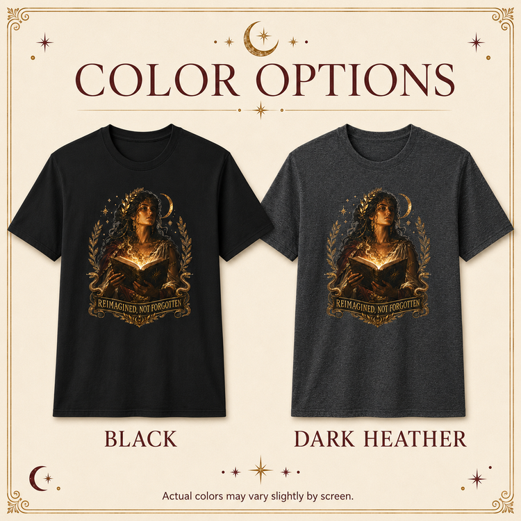 Color options graphic showing two short-sleeve graphic T-shirts side by side on a cream decorative background. The left shirt is labeled BLACK and the right shirt is labeled DARK HEATHER.