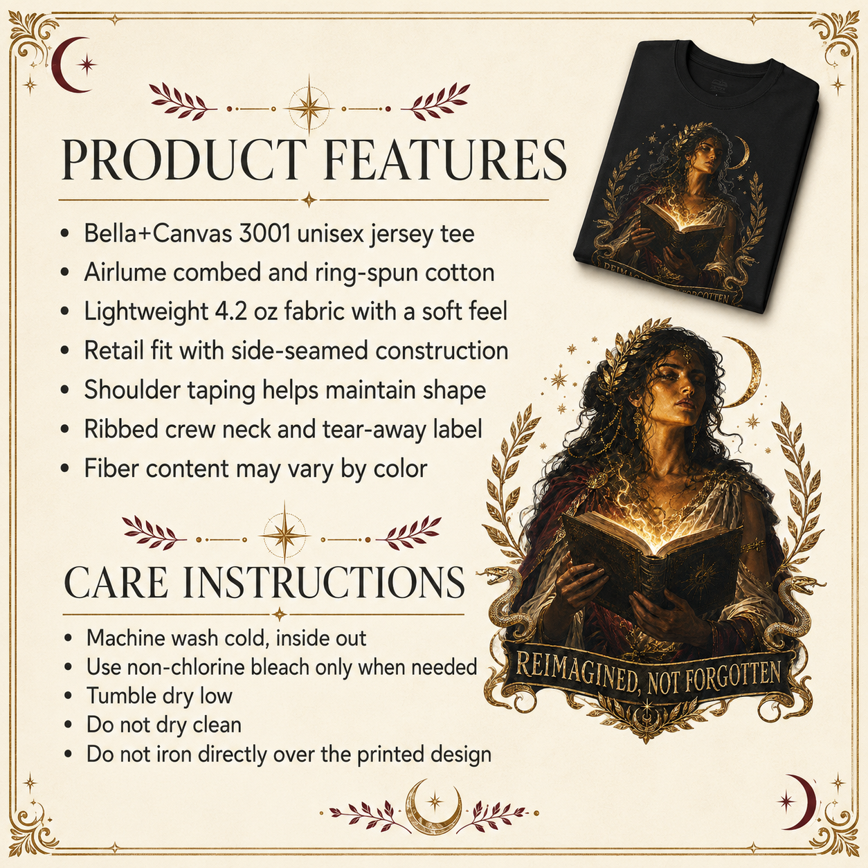A product information graphic for a Bella+Canvas 3001 unisex jersey tee. The graphic features a black t-shirt with a detailed fantasy illustration of a woman with glowing eyes and hair, surrounded by gold stars and a laurel wreath, with the text &