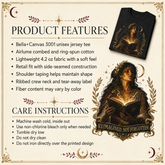 A product information graphic for a Bella+Canvas 3001 unisex jersey tee. The graphic features a black t-shirt with a detailed fantasy illustration of a woman with glowing eyes and hair, surrounded by gold stars and a laurel wreath, with the text &