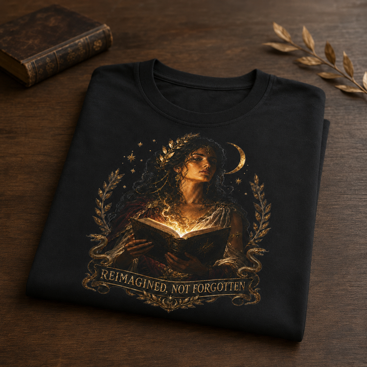 A folded black t-shirt with a detailed gold and brown graphic print of a woman reading a glowing book under a crescent moon, displayed on a dark wooden surface with decorative props.