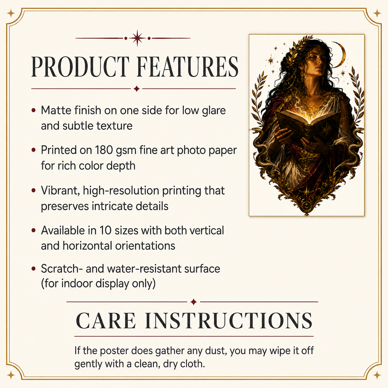 A product information card for a decorative art print or poster featuring printed product features and care instructions, with a framed illustration of a woman reading on a cream background.