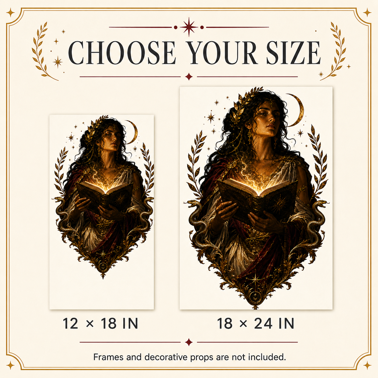 Size comparison graphic for a gothic-style framed art print featuring a dark-haired woman reading a glowing book, with two versions shown: 12 x 18 in and 18 x 24 in. The graphic includes the text &