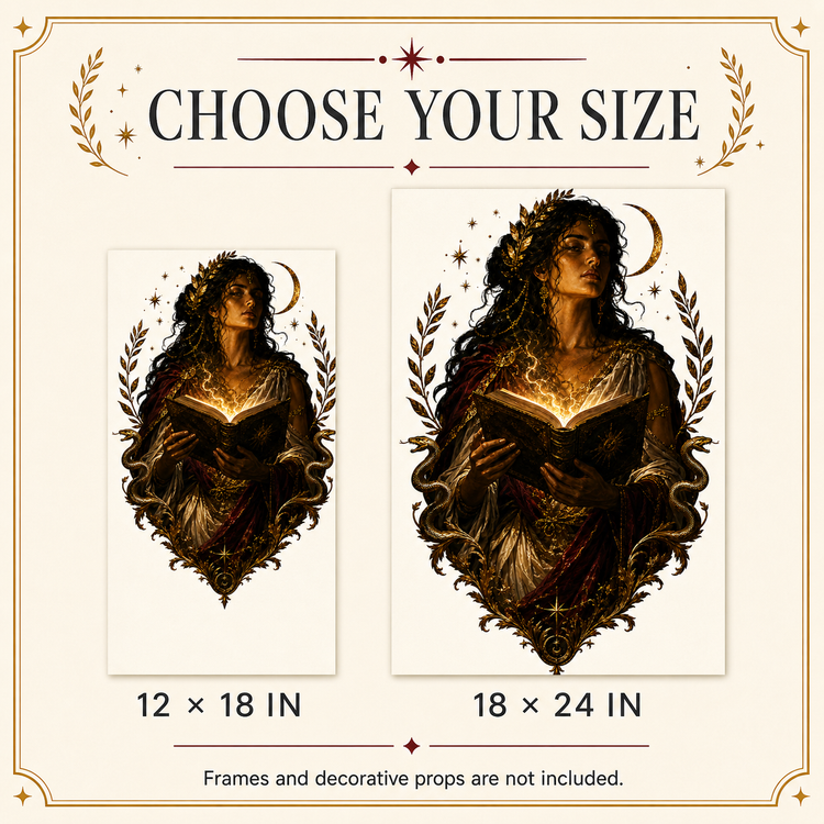 Size comparison graphic for a gothic-style framed art print featuring a dark-haired woman reading a glowing book, with two versions shown: 12 x 18 in and 18 x 24 in. The graphic includes the text &