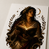 A square art print featuring a dark fantasy illustration of a woman with flowing dark hair, a gold crescent moon and star crown, and a glowing open book. The artwork is framed by laurel branches and serpents in metallic gold tones, printed on a white sheet against a light gray background.