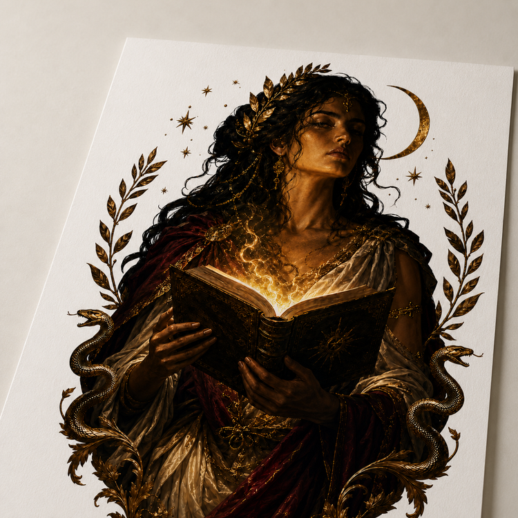 A square art print featuring a dark fantasy illustration of a woman with flowing dark hair, a gold crescent moon and star crown, and a glowing open book. The artwork is framed by laurel branches and serpents in metallic gold tones, printed on a white sheet against a light gray background.