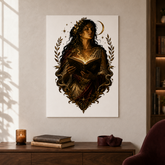 A vertical wall art print featuring a dark fantasy illustration of a woman with flowing hair, a crescent moon, stars, and ornate gold leaf details, displayed on a beige wall above a wooden console table in a styled room.