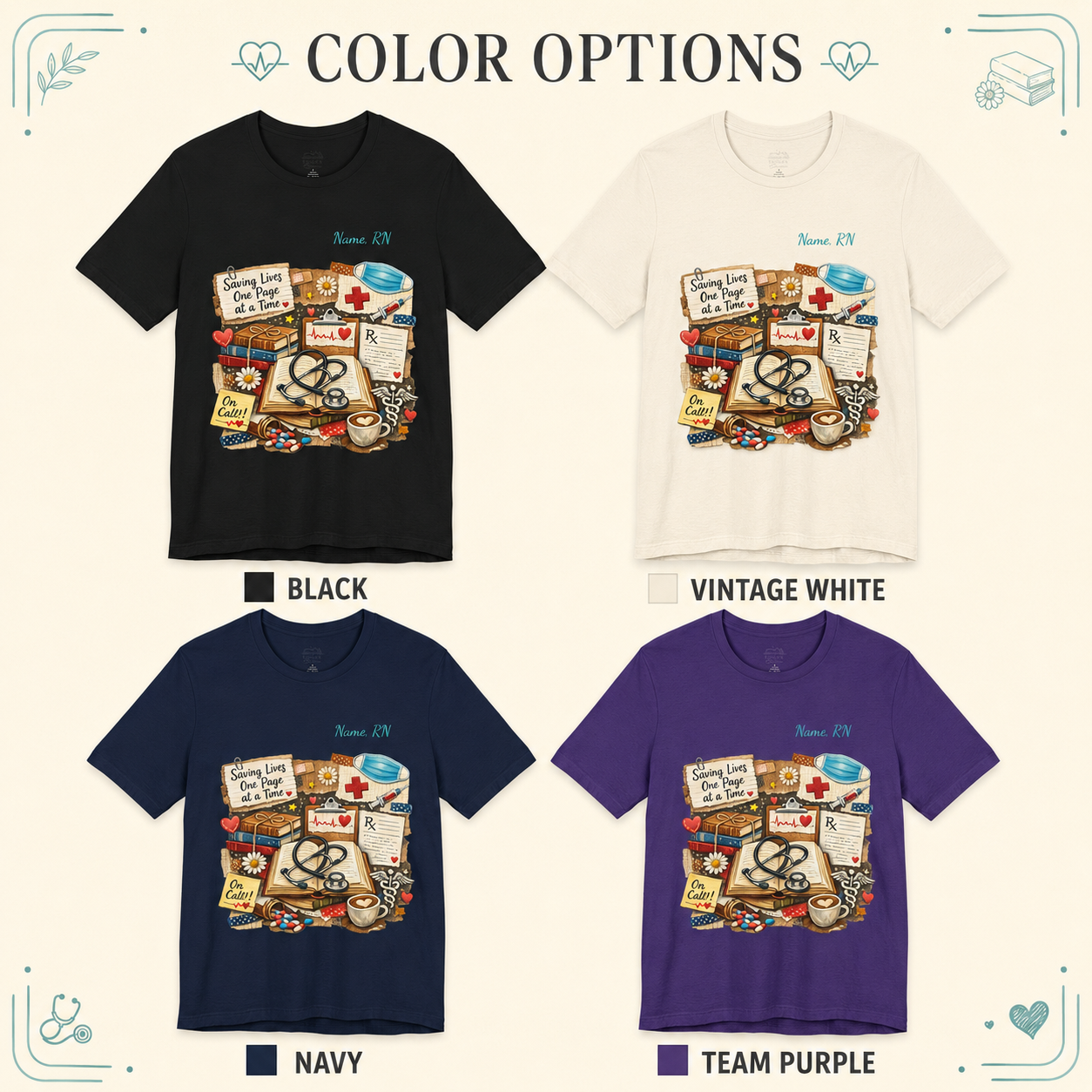 A color options graphic showing four short-sleeve graphic T-shirts arranged in a 2x2 grid: black, vintage white, navy, and team purple. Each shirt has a medical-themed collage print on the front with text reading &