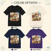 A color options graphic showing four short-sleeve graphic T-shirts arranged in a 2x2 grid: black, vintage white, navy, and team purple. Each shirt has a medical-themed collage print on the front with text reading &