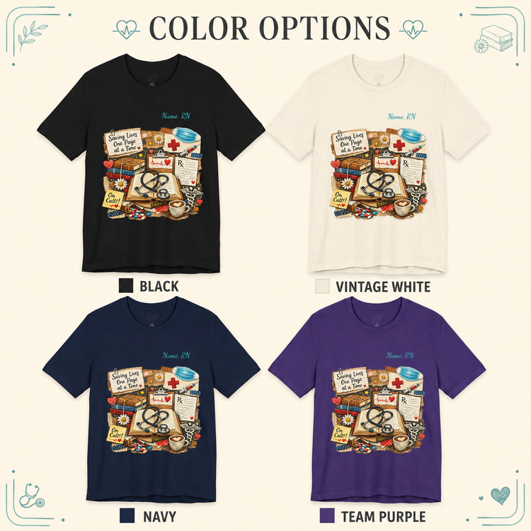A color options graphic showing four short-sleeve graphic T-shirts arranged in a 2x2 grid: black, vintage white, navy, and team purple. Each shirt has a medical-themed collage print on the front with text reading &