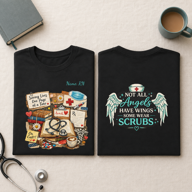 Two folded black T-shirts displayed side by side on a light beige fabric background, styled with a stethoscope, notebook, and coffee mug. The front shirt features a medical-themed graphic with books, a stethoscope, pills, and a coffee cup, with the text &