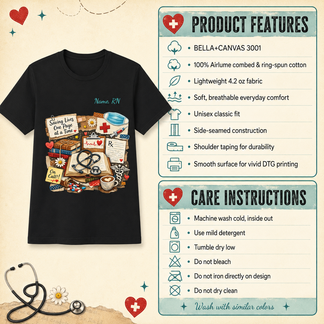 A black graphic T-shirt with a medical-themed print on the front, shown next to a detailed product features panel and care instructions on a cream background with decorative medical icons.