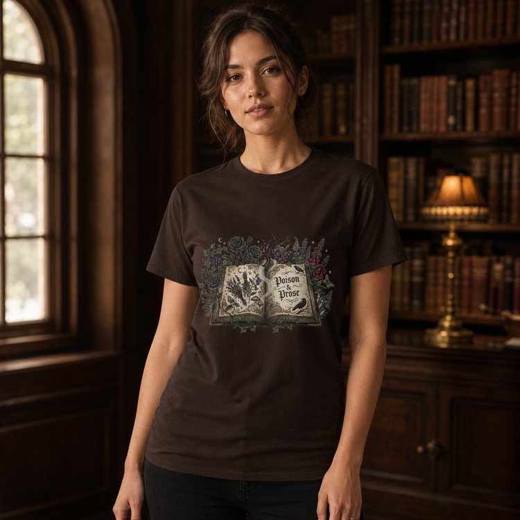 A woman wearing a dark brown graphic t-shirt with a vintage-style book illustration, standing in a cozy, dimly lit library with bookshelves and a table lamp in the background.